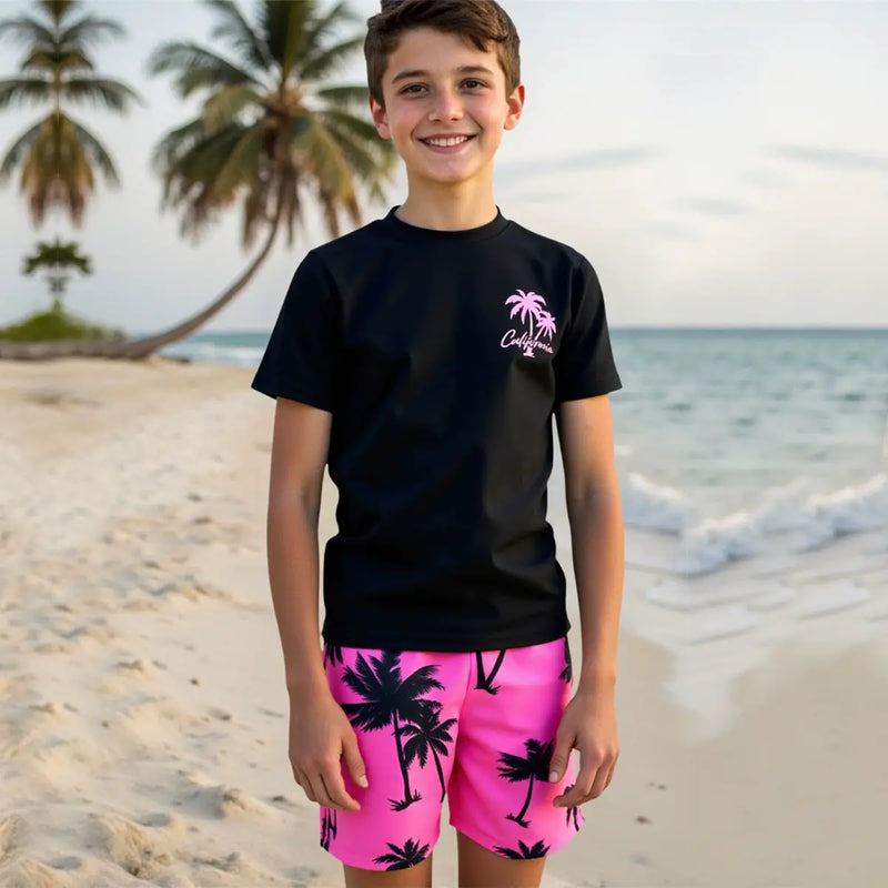 Boys Black Tropical Printed Short Sleeves T-Shirt & Shorts Swimsuit Sets Sets