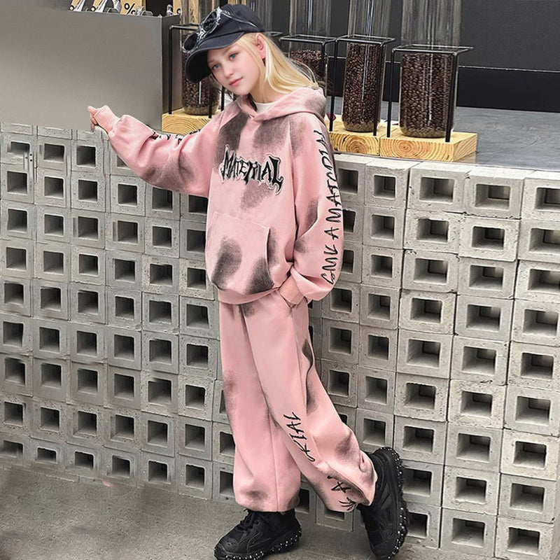 Girls Pink Abstract Printed Hooded Sweatshirt With Pants Winter Co-ord Set 2 pc. Sets
