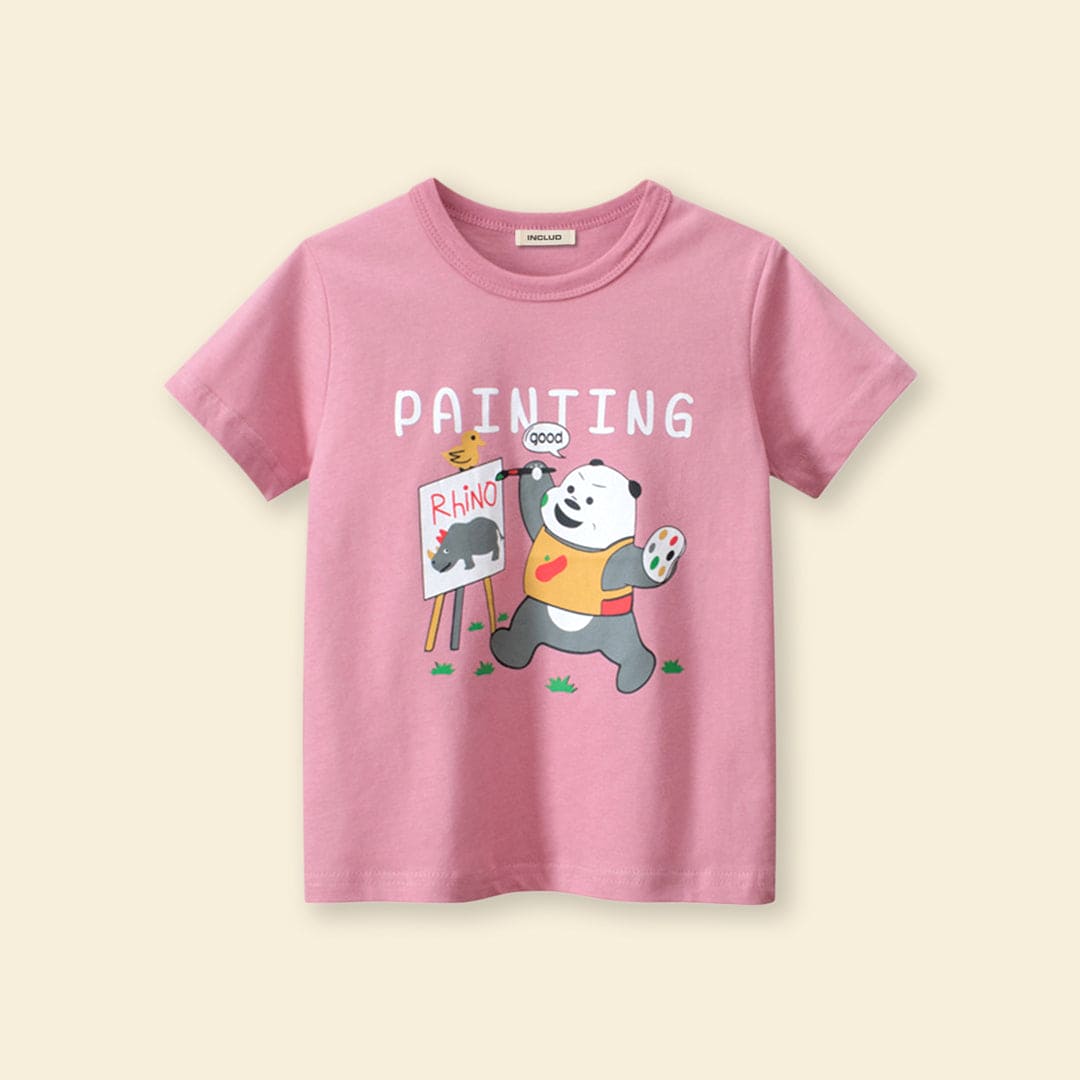 Girls Panda Print Short Sleeves T-shirt Tshirts   
