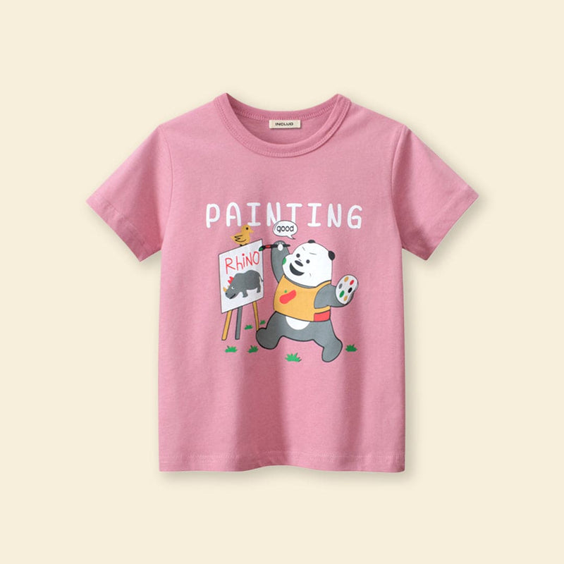 Girls Panda Print Short Sleeves T-shirt Tshirts   