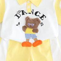 Boys Yellow Cat Applique Color-blocked Polo T-Shirt With Shorts Set 2 pc. Sets