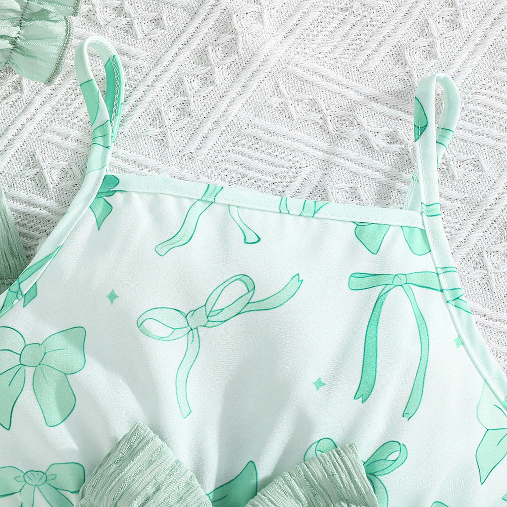 Girls Green Bow Printed Fit & Flare Summer Casual Dress Casual Dresses