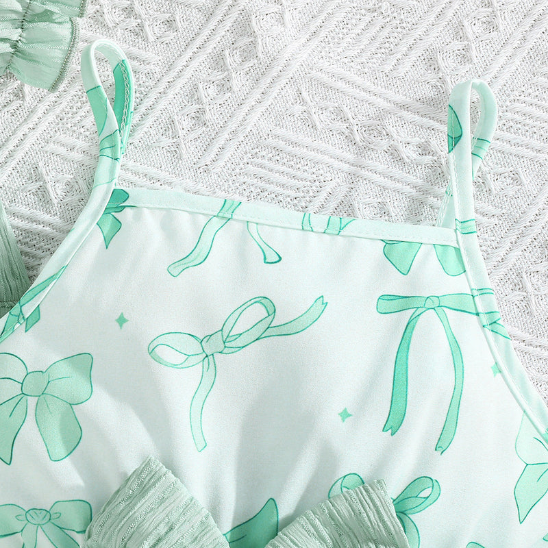Girls Green Bow Printed Fit & Flare Summer Casual Dress Casual Dresses