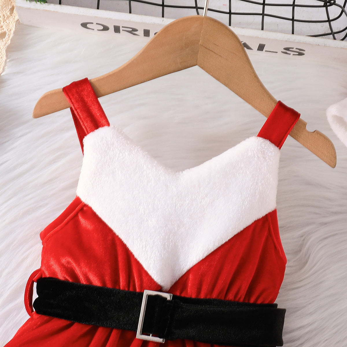 Girls Red Velveteen Sleeveless Christmas Santa Dress with Cap & Belt Party Dresses
