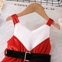 Girls Red Velveteen Sleeveless Christmas Santa Dress with Cap & Belt Party Dresses