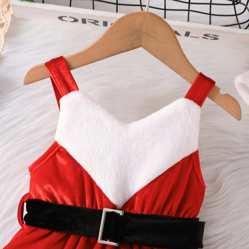 Girls Red Velveteen Sleeveless Christmas Santa Dress with Cap & Belt Party Dresses