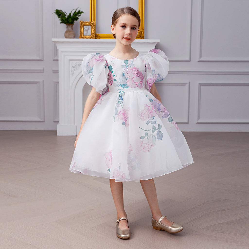 Girls White Floral Printed Knee Length Party Dress with Statement Back Bow Party Dresses