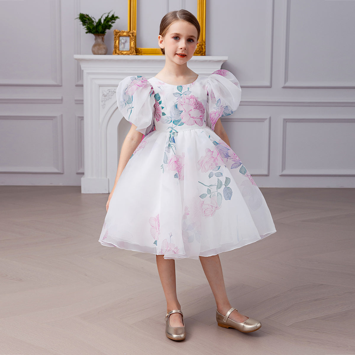 Girls White Floral Printed Knee Length Party Dress with Statement Back Bow Party Dresses