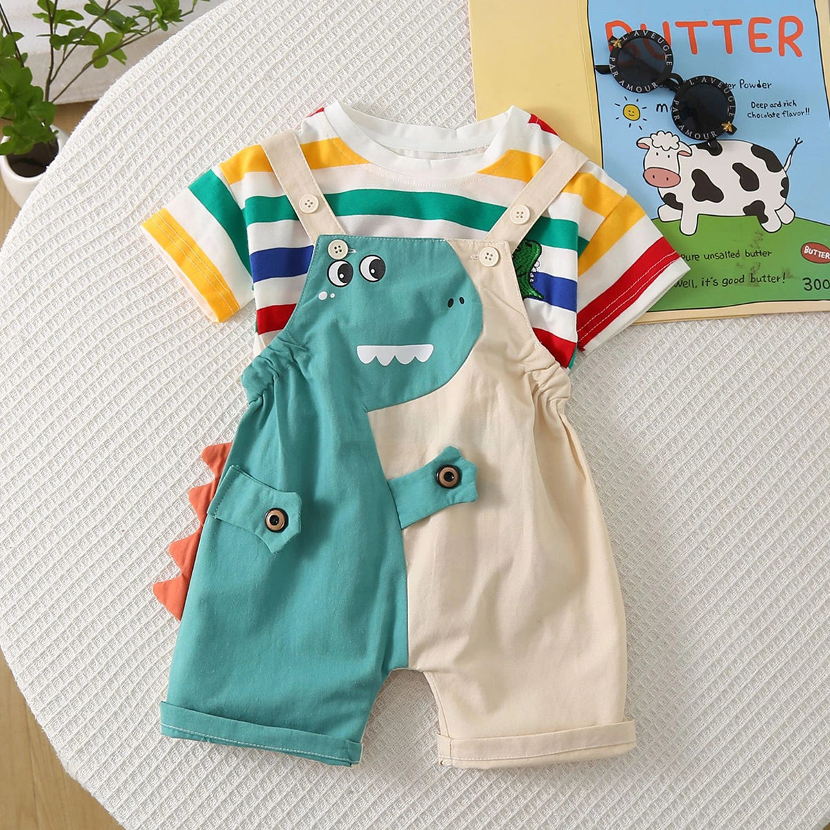 Boys Short Sleeve T-Shirt With Teal Green Dinosaur Applique Dungaree Sets 2 pc. Sets Teal 1-2 Y
