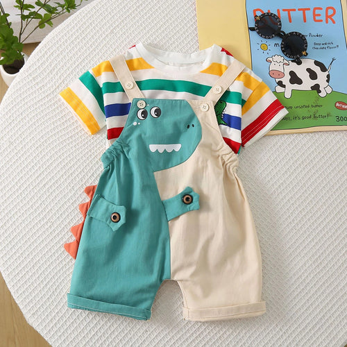 Boys Short Sleeve T-Shirt With Teal Green Dinosaur Applique Dungaree Sets 2 pc. Sets Teal 1-2 Y