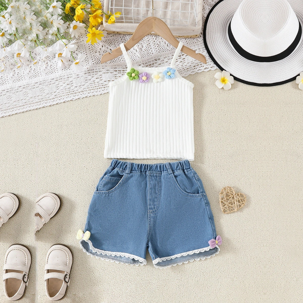 Girls White Floral Applique Top With Denim Shorts Sets Sets White 3-4 Y
