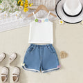 Girls White Floral Applique Top With Denim Shorts Sets Sets White 3-4 Y