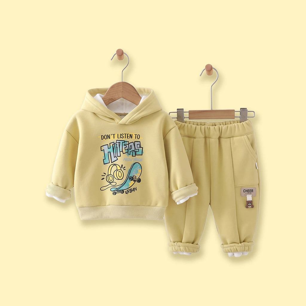 Boys Yellow Typographic Hooded Sweatshirt With joggers Sets Sets Yellow 1-2 Y