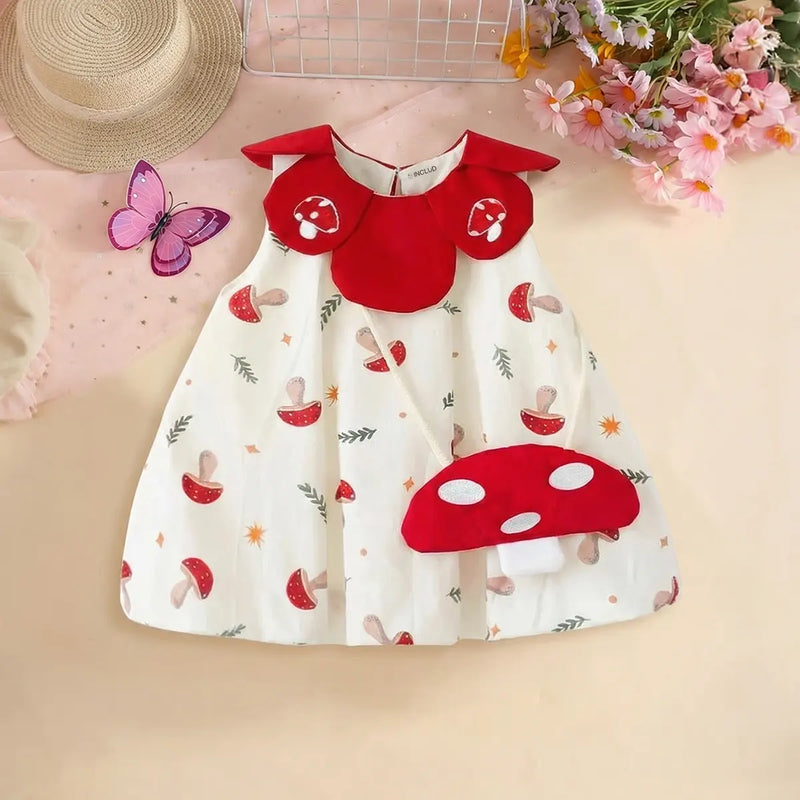 Girls Off White Printed Mushroom Theme Sleeveless A-line Dress Casual Dresses Off White 1-2 Y