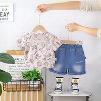Boys Light Brown Typographic Print T-Shirt With Denim Shorts Set Sets