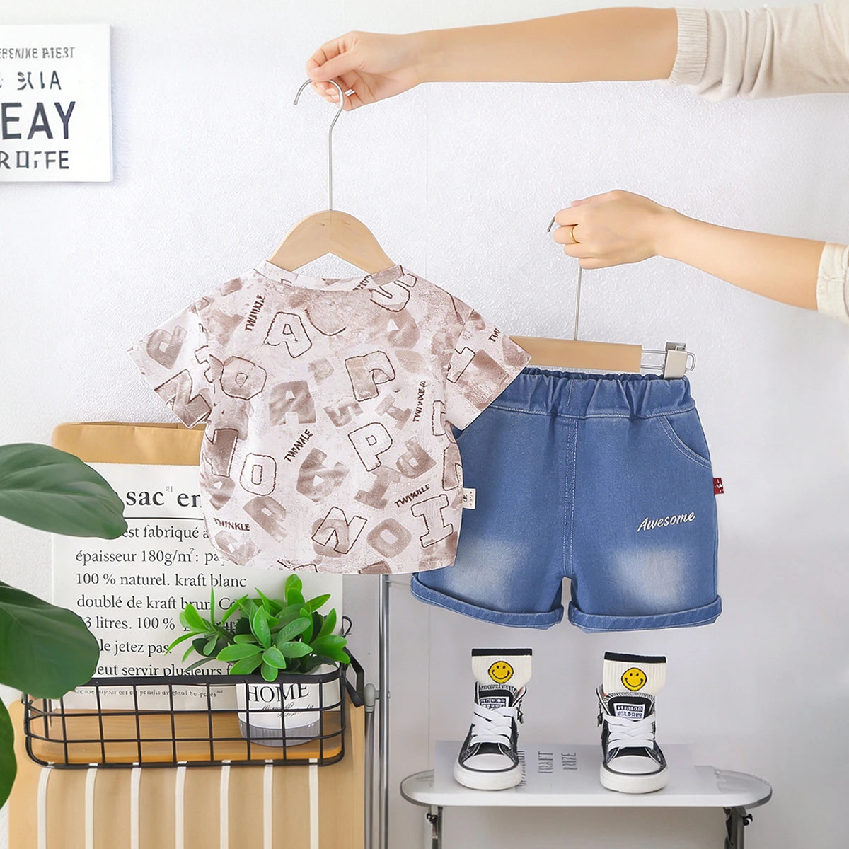 Boys Light Brown Typographic Print T-Shirt With Denim Shorts Set Sets