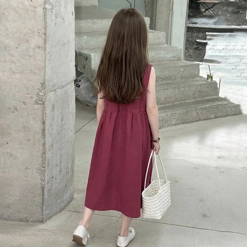 Girls Maroon Zip Front A-line Midi Dress Casual Dresses