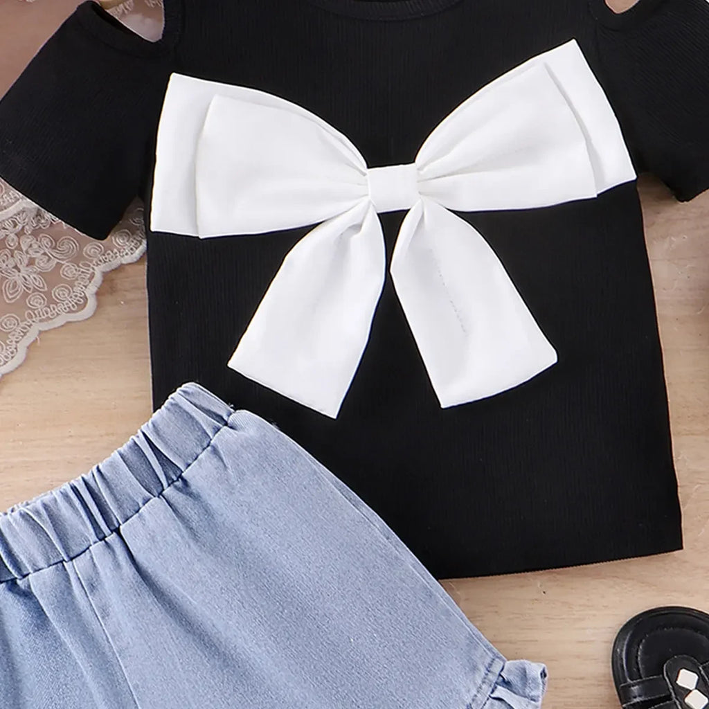 Girls Black Bow Applique Cold-Shoulder Top With Denim Shorts Sets 2 pc. Sets