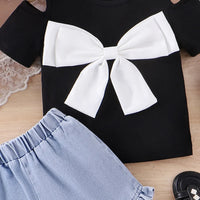 Girls Black Bow Applique Cold-Shoulder Top With Denim Shorts Sets 2 pc. Sets