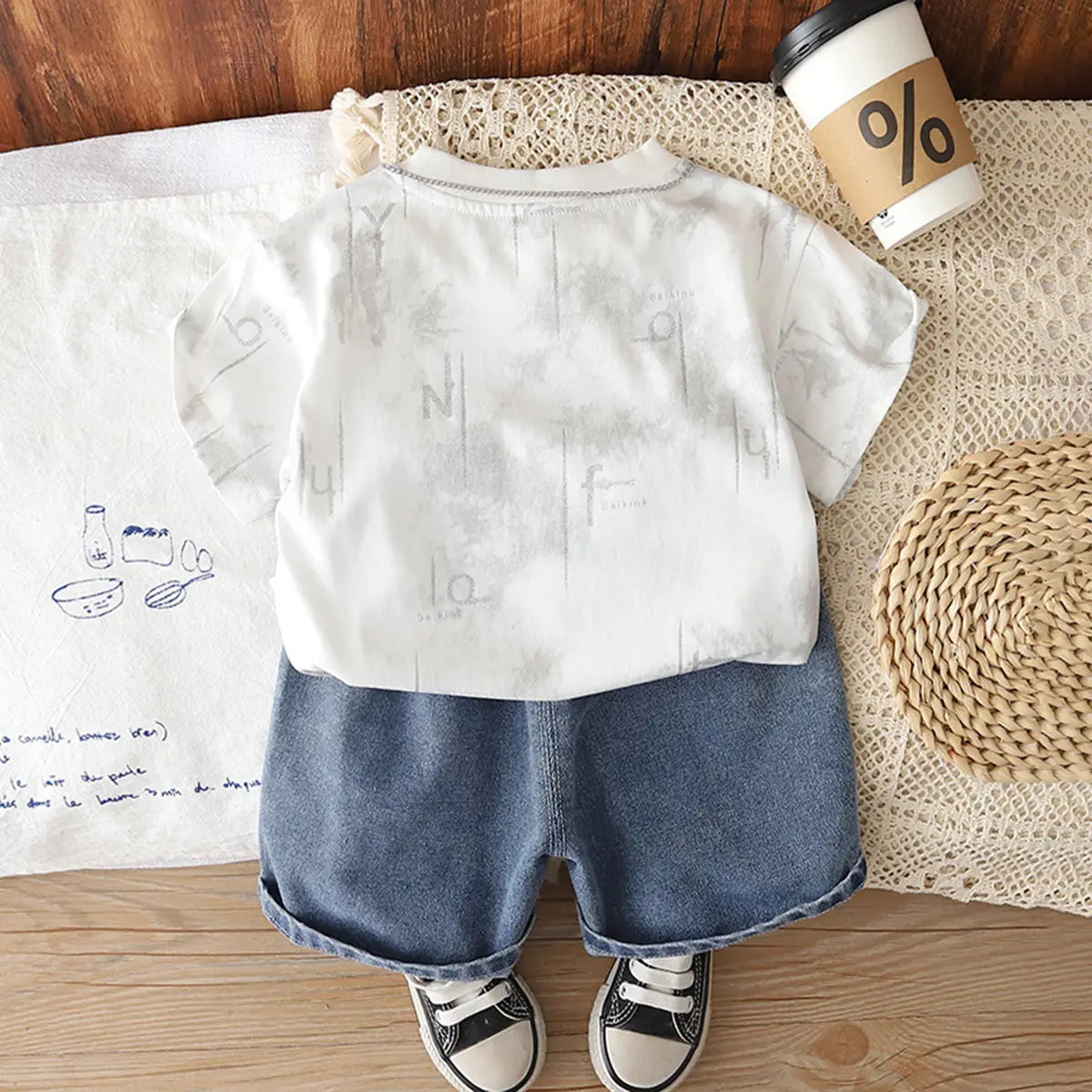 Boys White Abstract Printed Short Sleeves T-Shirt With Denim Shorts Sets 2 pc. Sets