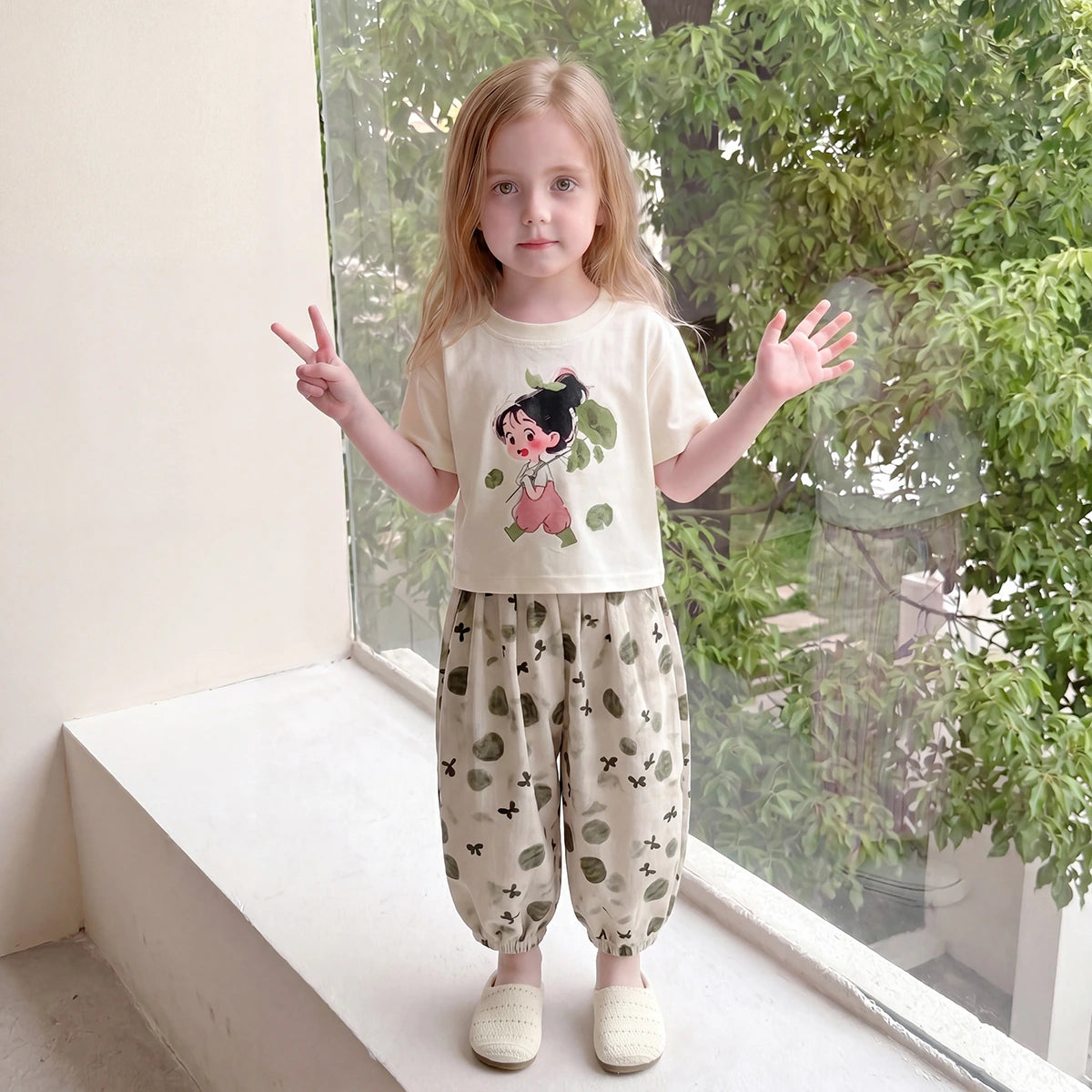 Girls Off White Graphic Print Top With Balloon Pants Sets Sets Off White 1-2 Y