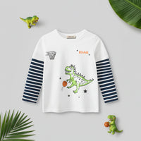 Boys White Dinosaur Cartoon Printed T-Shirt With Striped Long Sleeves Tshirts White 2-3 Y