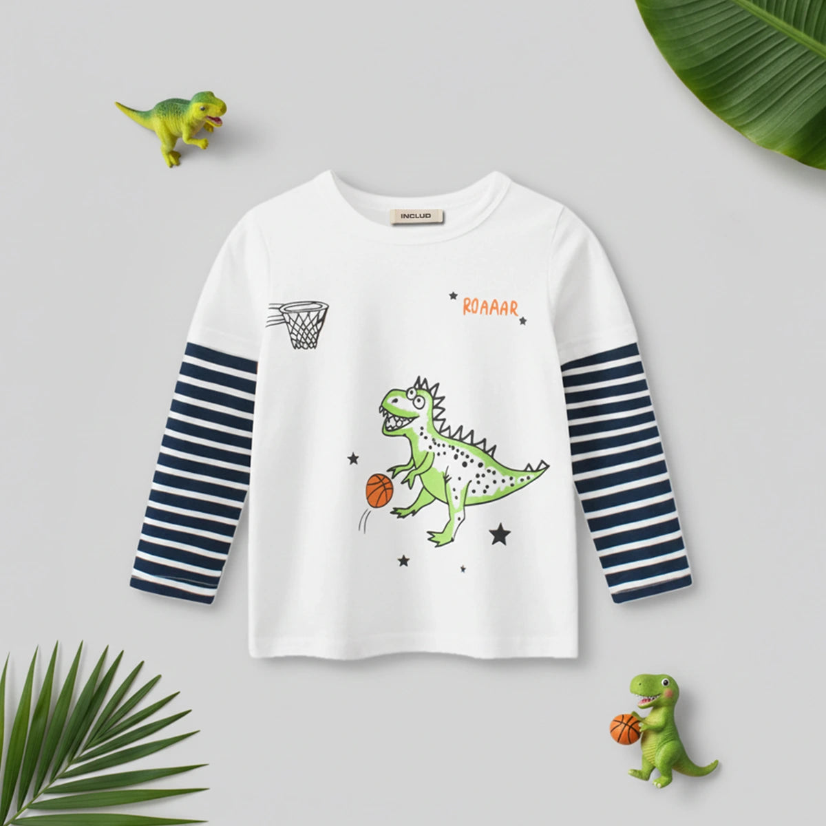 Boys White Dinosaur Cartoon Printed T-Shirt With Striped Long Sleeves Tshirts White 2-3 Y