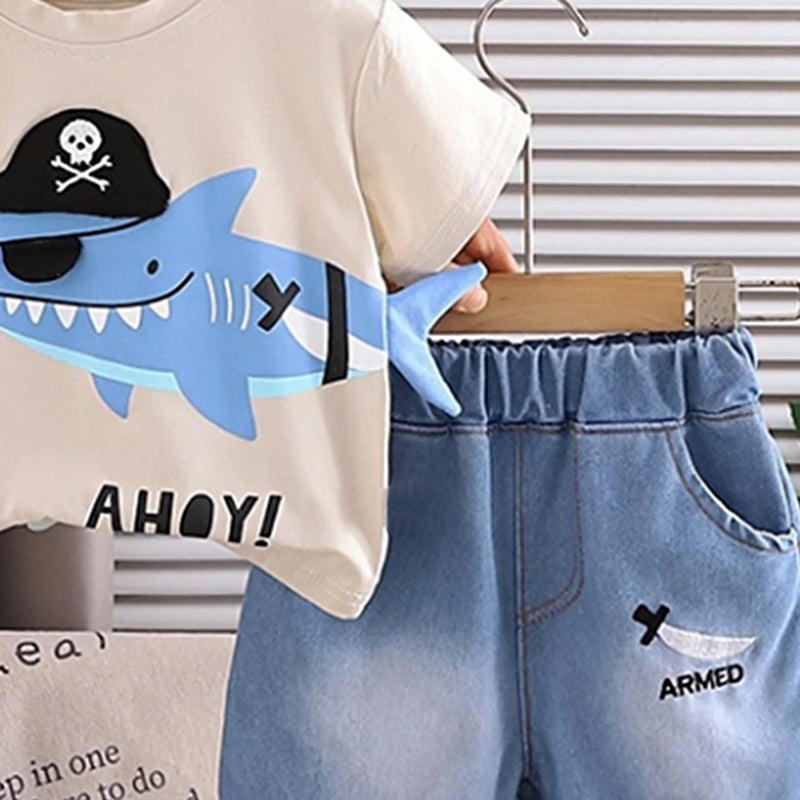 Boys Beige Shark Pirate Graphic Short Sleeve T-Shirt With Denim Shorts Sets 2 pc. Sets