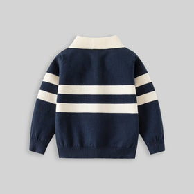 Boys Dark Blue Self-Design Stripe Patterns Polo Sweater Sweaters & Cardigans