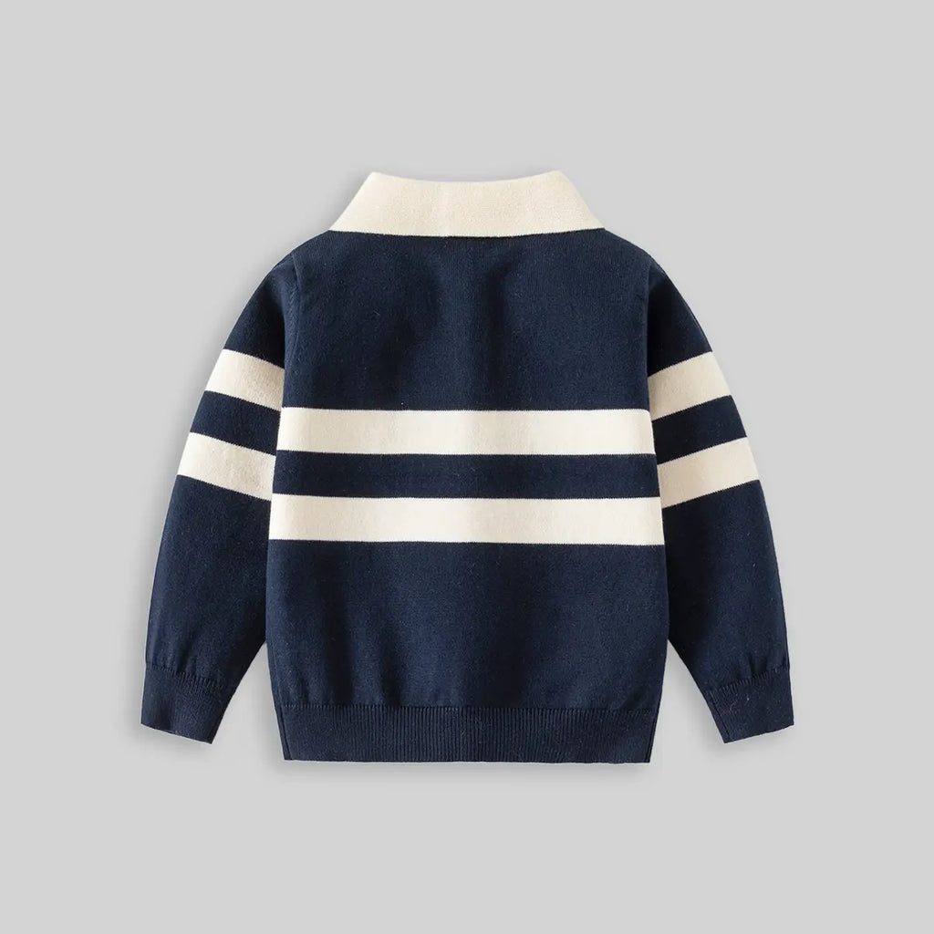 Boys Dark Blue Self-Design Stripe Patterns Polo Sweater Sweaters & Cardigans