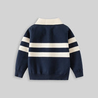 Boys Dark Blue Self-Design Stripe Patterns Polo Sweater Sweaters & Cardigans