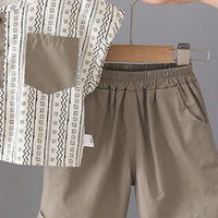 Boys Geometric Pattern Collarless Shirt With Grey Shorts Set Sets