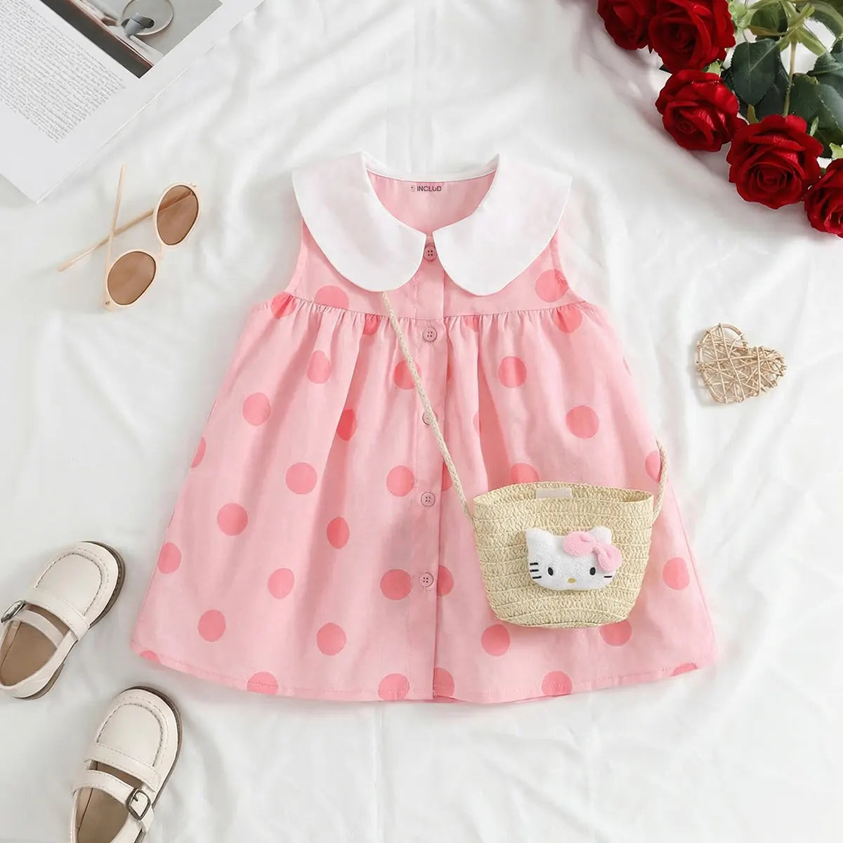Girls Pink Polka Dot Print A-line Dress With Straw Sling Bag Casual Dresses Pink 1-2 Y