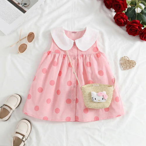 Girls Pink Polka Dot Print A-line Dress With Straw Sling Bag Casual Dresses Pink 1-2 Y