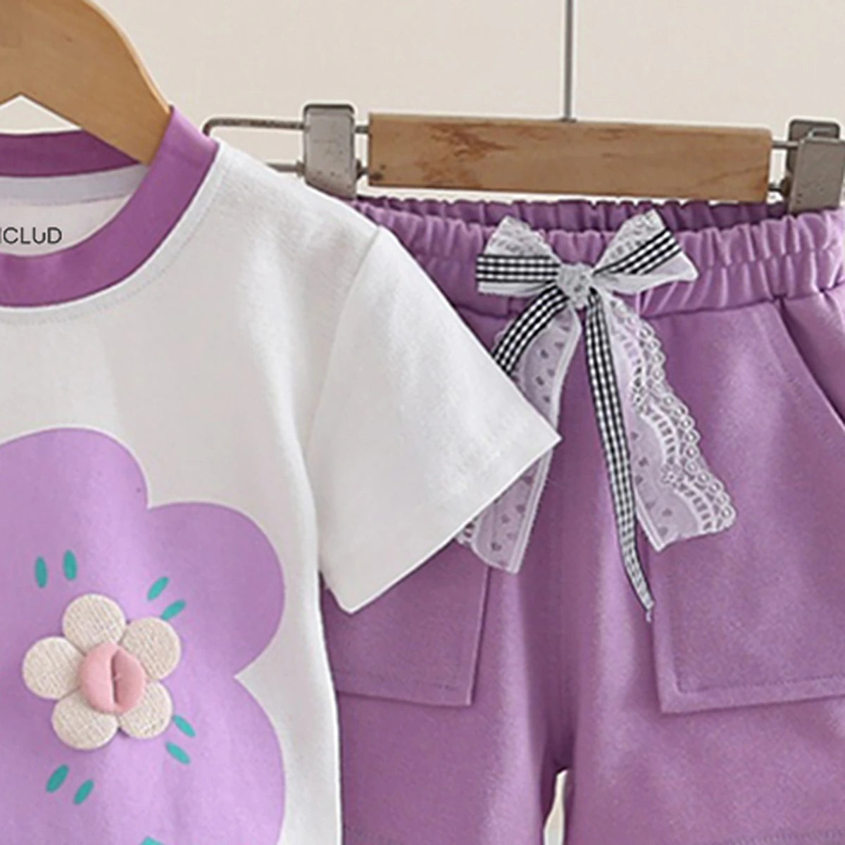 Girls Purple Floral Printed Short Sleeve T-Shirt With Elasticated Shorts Sets 2 pc. Sets