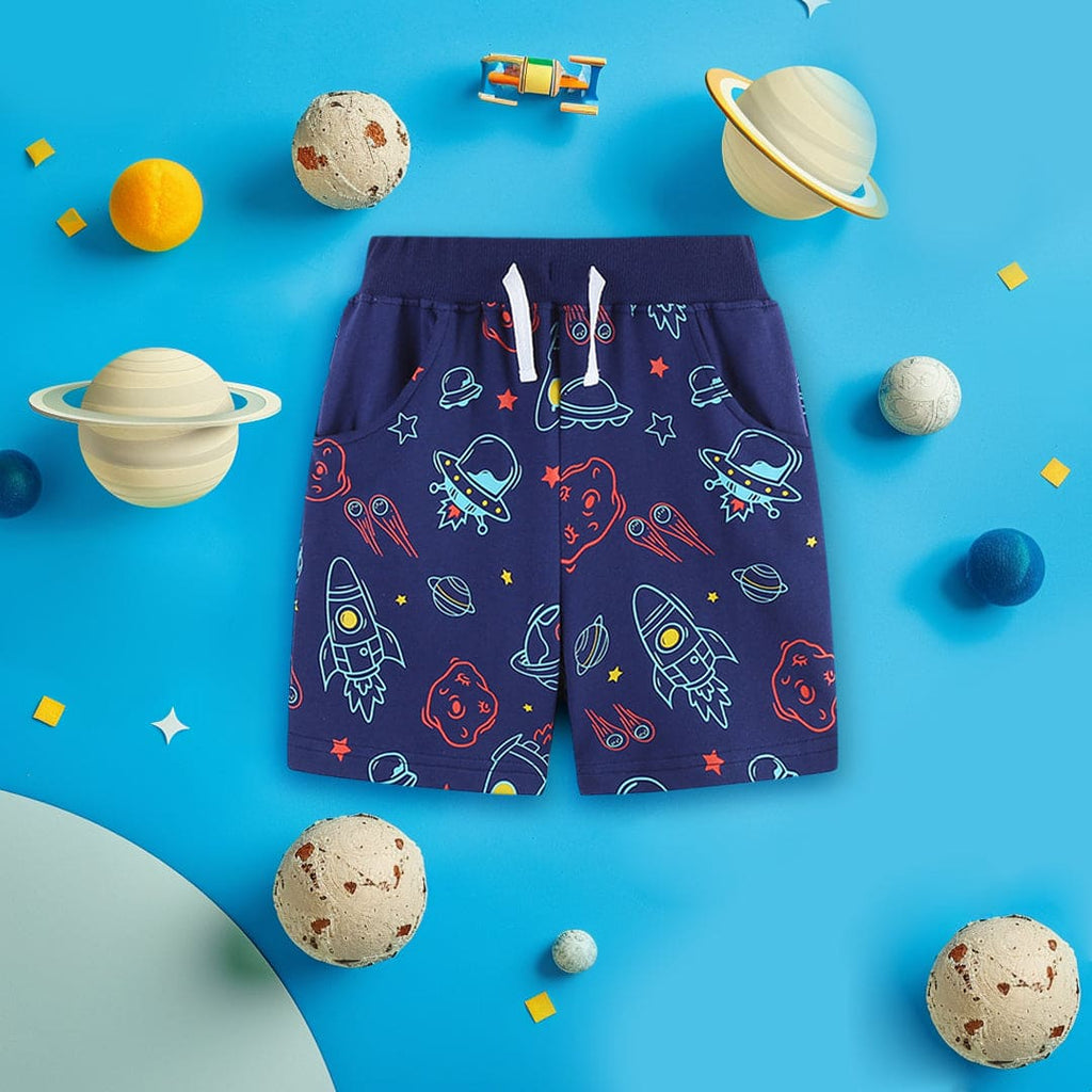 Boys Space Ship Printed Rib Waist Shorts