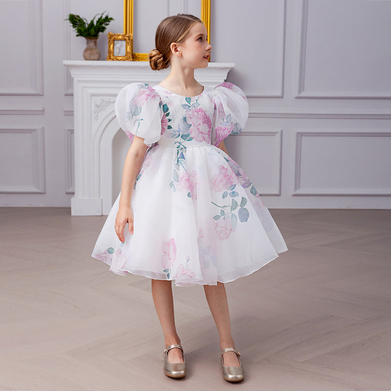 Girls White Floral Printed Knee Length Party Dress with Statement Back Bow Party Dresses