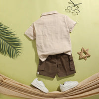 Boys Peach Embroidered Shirt With Cargo Pocket Shorts Sets 2 pc. Sets