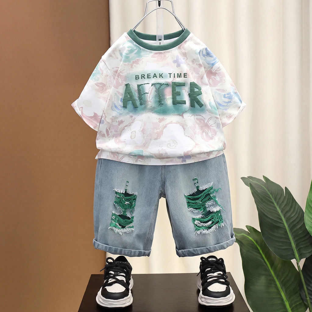 Boys Green Typography Print Short Sleeve T-Shirt With Distressed Denim Shorts Sets 2 pc. Sets Green 1-2 Y