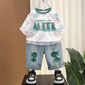 Boys Green Typography Print Short Sleeve T-Shirt With Distressed Denim Shorts Sets 2 pc. Sets Green 1-2 Y