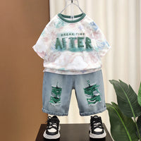 Boys Green Typography Print Short Sleeve T-Shirt With Distressed Denim Shorts Sets 2 pc. Sets Green 1-2 Y