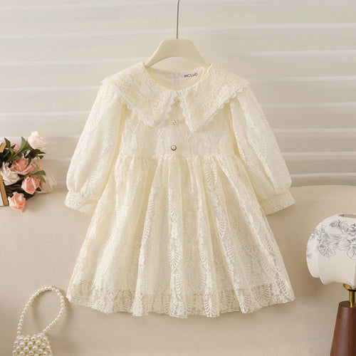 Girls Cream Floral Peter Pan Collar Fit & Flare Dress Casual Dresses Cream 1-2 Y