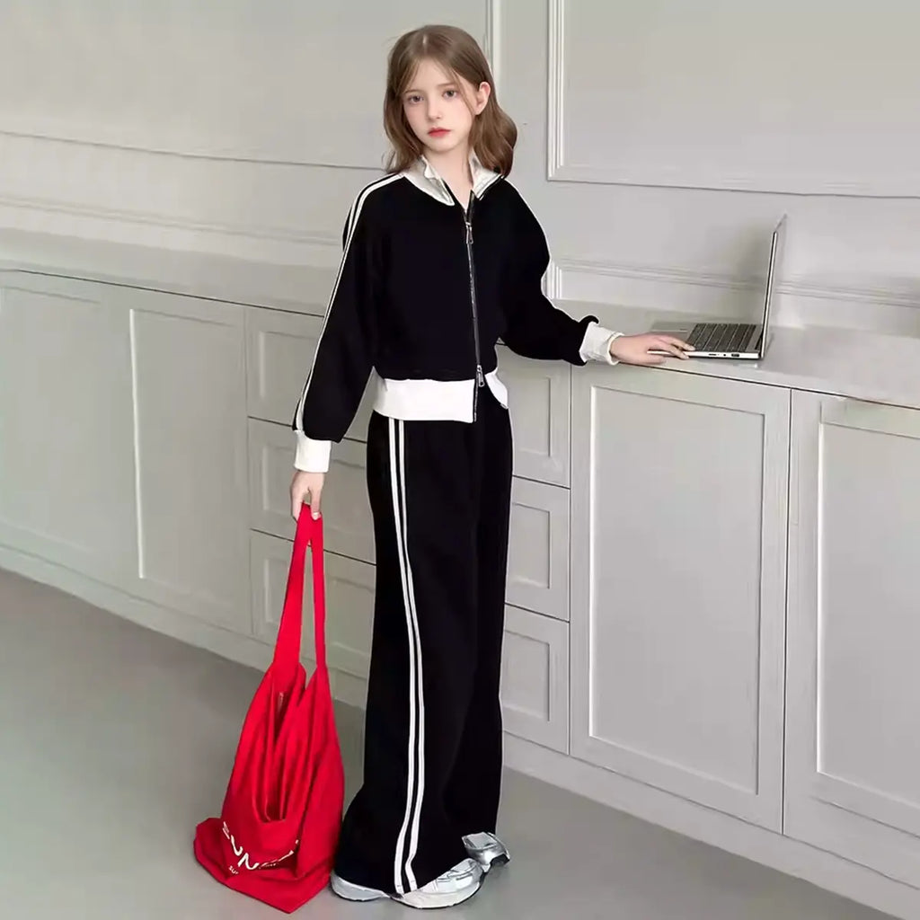 Girls Black Side Striped Zipper Jacket With Wide Leg Pants Sets Sets