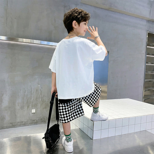 Boys White Checked Pocket Short Sleeves T-Shirt With Elasticated Shorts Sets Sets