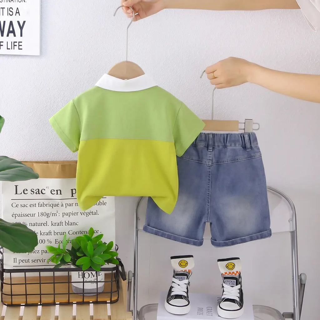 Boys Green Typographic Printed Polo T-Shirt With Denim Shorts Sets 2 pc. Sets