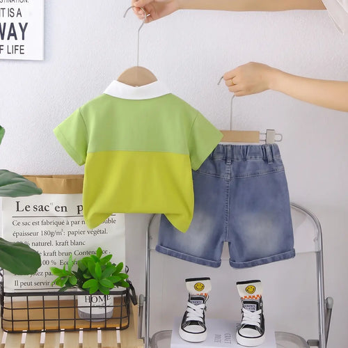 Boys Green Typographic Printed Polo T-Shirt With Denim Shorts Sets 2 pc. Sets