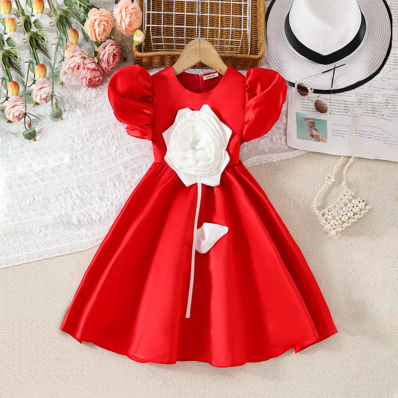 Girls Red 3D Flower Applique Fit & Flare Party Wear Dress Party Dresses Red 3-4 Y