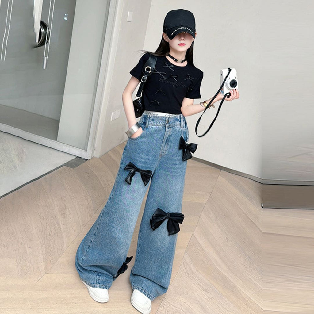 Girls Bow Applique Straight Fit Denim Trousers Jeans   
