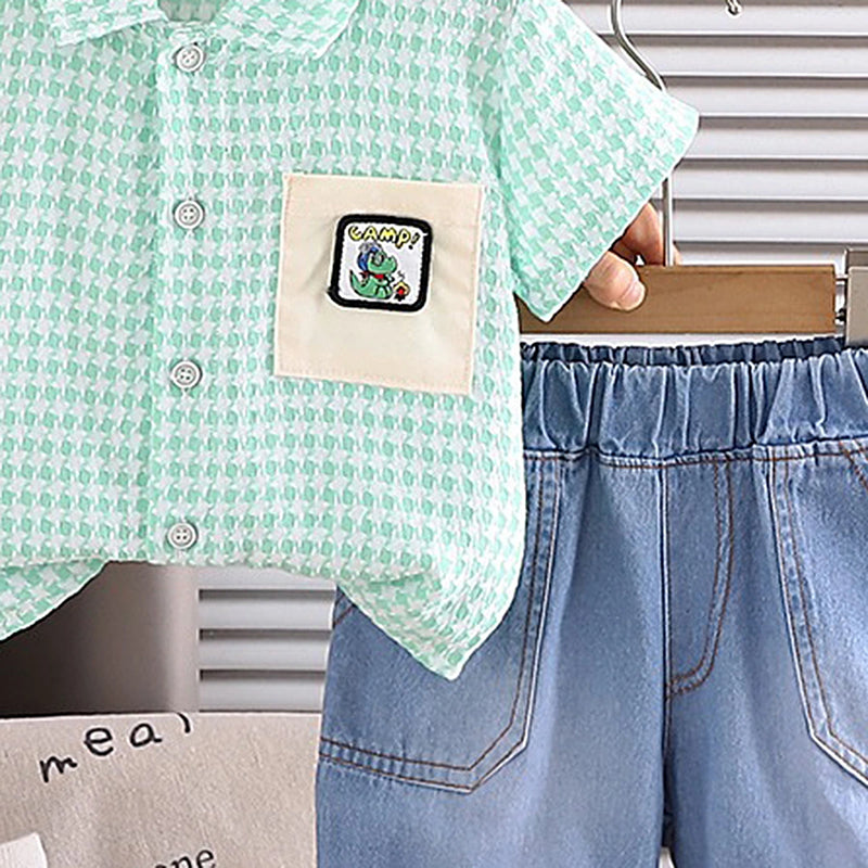 Boys Green Checked Short Sleeve Shirt With Denim Shorts Sets 2 pc. Sets