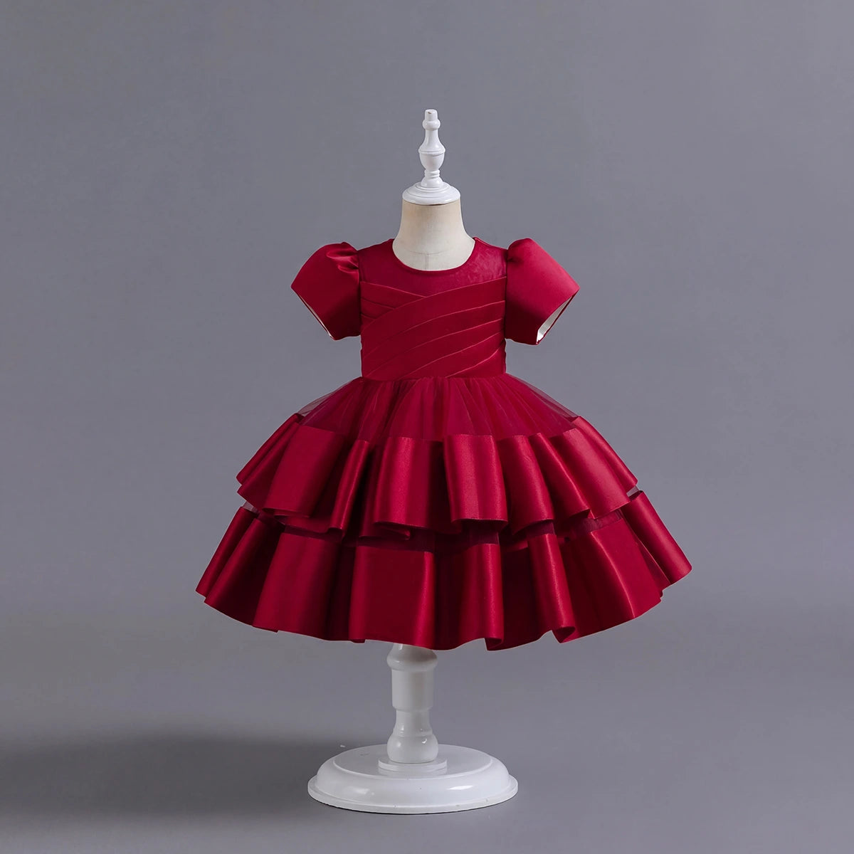 Girls Red Puff Sleeve Ruffle Layered Party Wear Dress Party Dresses Red 2-3 Y